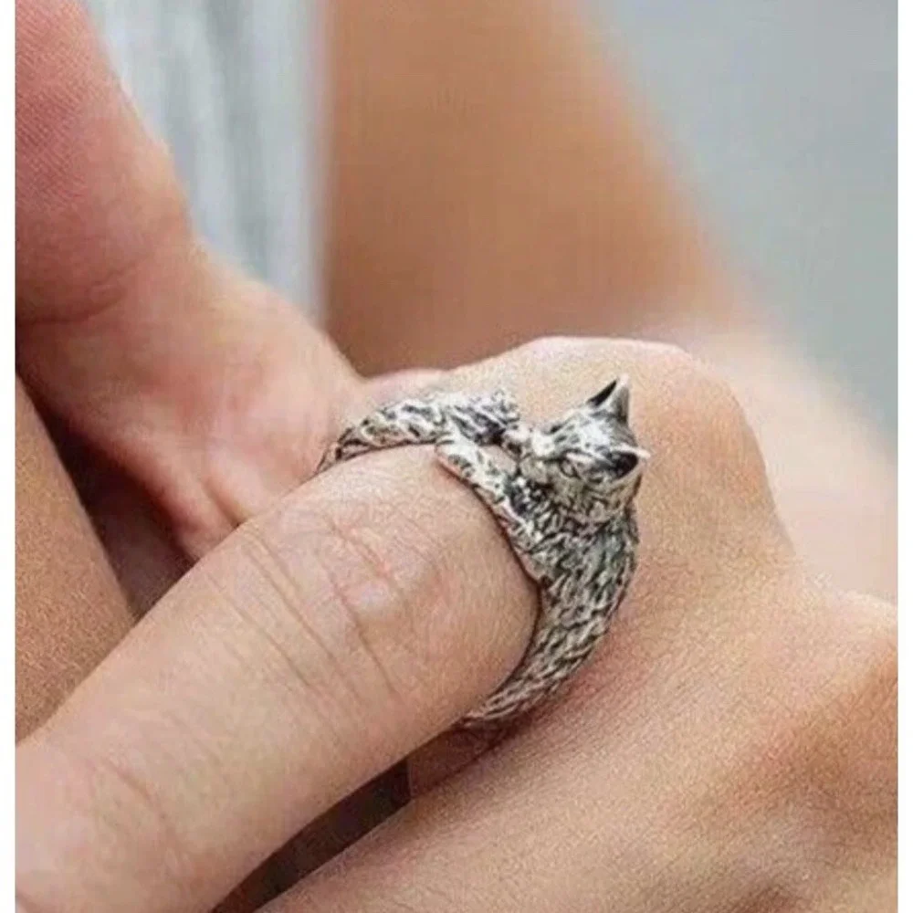 Vintage Cat‎ Shaped Silver Tone Ring Women Party Jewelry Open Ring Adjustable